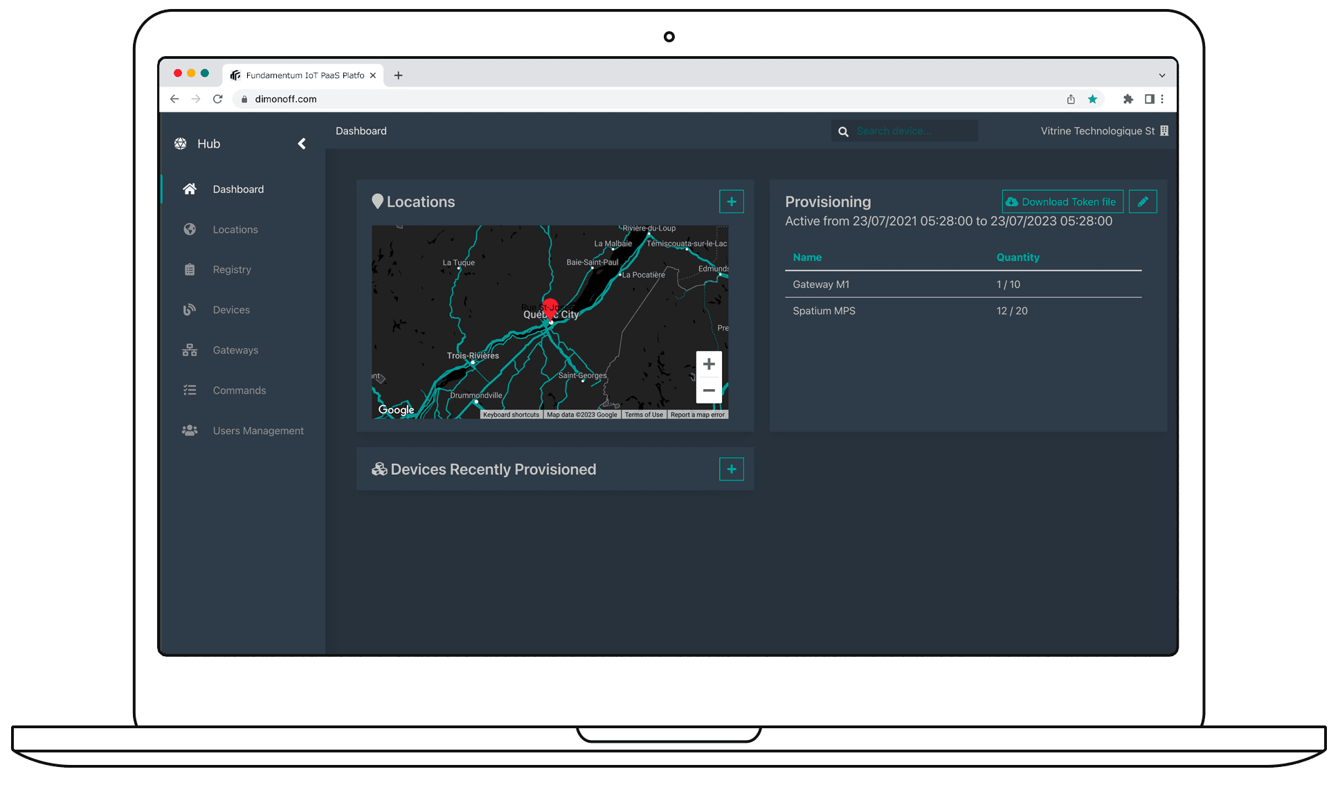 Capture — Tableau de bord de provisionnement Fundamentum IoT PaaS